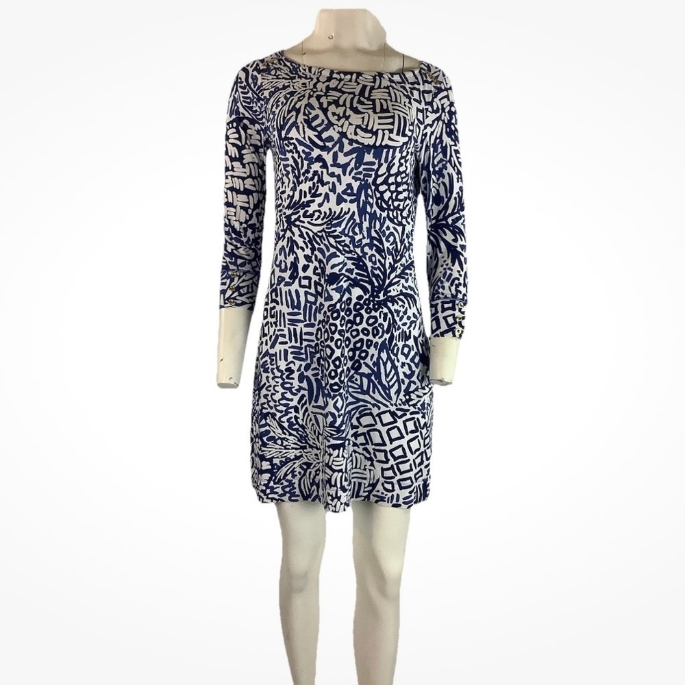 Lilly Pulitzer Sz M Sophie UPF 50+ Sheath Dress Blue White Rayon Spandex